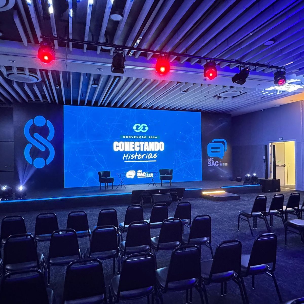 A conference stage prepared for an event