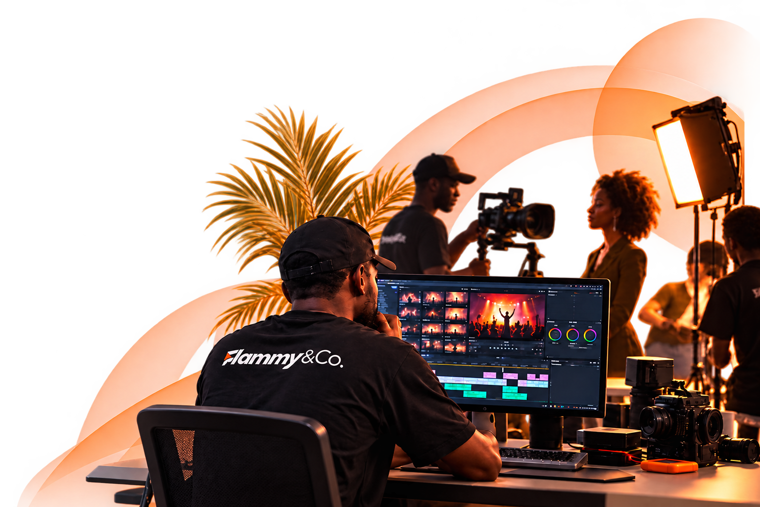 A Flammy producer editing footage while a crew films on set